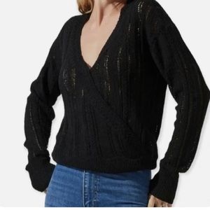 Astr The Label Pointelle Wrap Front Black Sweater Sz L